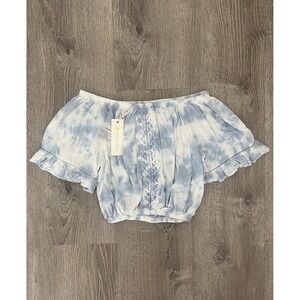 Ocean Drive Crop Top Womens Large Blue Stretch Cinch Hem Flared Short Sleeve